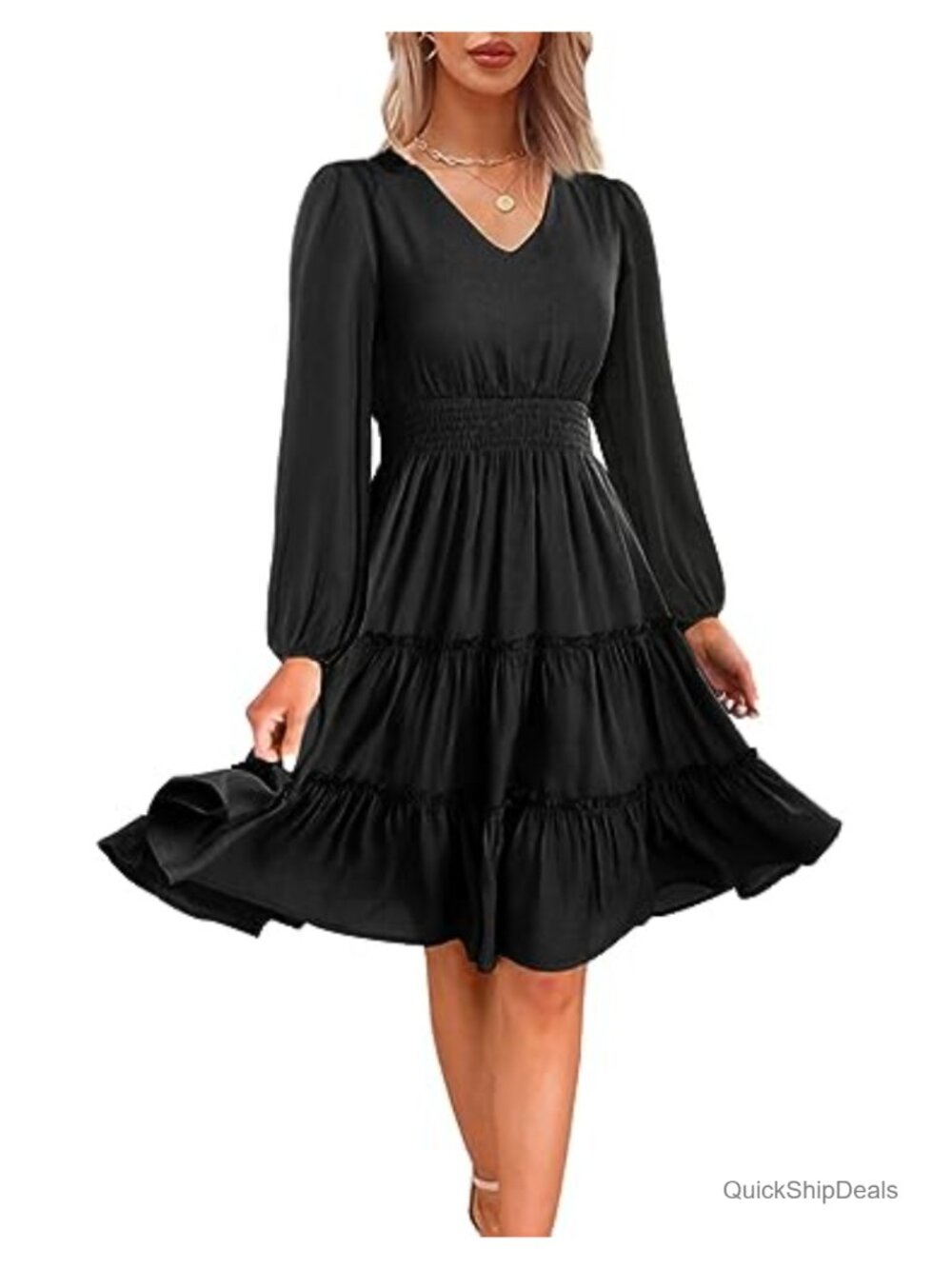 Zattcas Women Long Sleeve Smocked Waist Tiered Flowy A Line Midi Dress